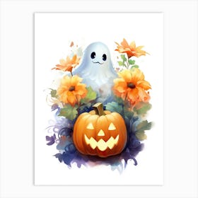 Cute Ghost With Pumpkins Halloween Watercolour 152 Art Print