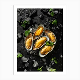 Seafood. Fresh mussels — Food kitchen poster/blackboard, photo art Art Print