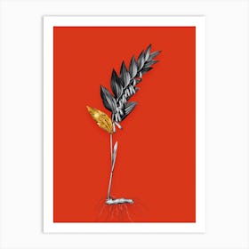 Vintage Angular Solomons Seal Black and White Gold Leaf Floral Art on Tomato Red n.0190 Art Print