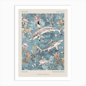 Pastel Blue Common Thresher Watercolour Seascape Pattern 1 Poster Art Print