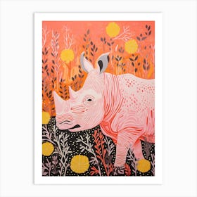 Abstract Linocut Inspired Orange Rhino 1 Art Print