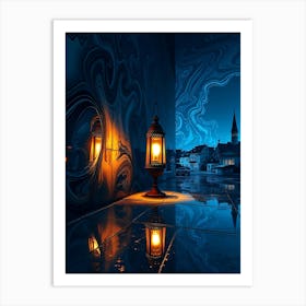 City and Lantern At Night Art Print