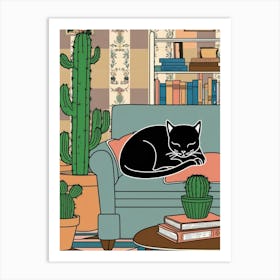 Cat On Couch With Cactus Art Print