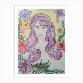 Floral girl with purple hair Art Print