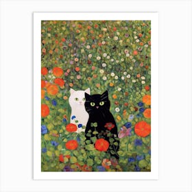 Flower Garden And A Black And White Cat, Inspired By Klimt 3 Art Print