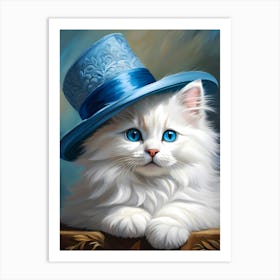 Blue Cat With Hat Art Print