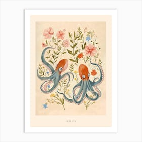 Folksy Floral Animal Drawing Octopus Poster Art Print