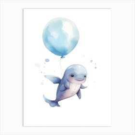 Baby Dolphin Flying With Ballons, Watercolour Nursery Art 1 Art Print