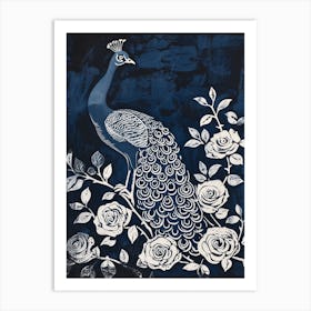 Navy Linocut Inspired Peacock With The Roses 2 Art Print