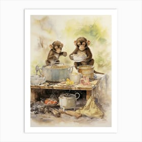 Monkey Painting Cooking Watercolour 1 Art Print