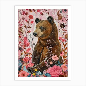Floral Animal Painting Brown Bear 3 Art Print