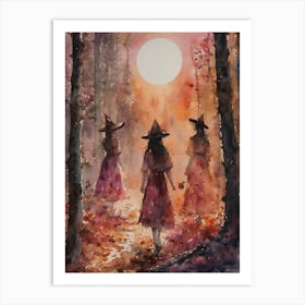 Rose Witches Meet In The Woods ~ Witches Esbat, Witch Meeting, Full Moon Spellcasting, Pagan Artwork, Fairytale Witchcraft Watercolor Painting Witchy Art Print