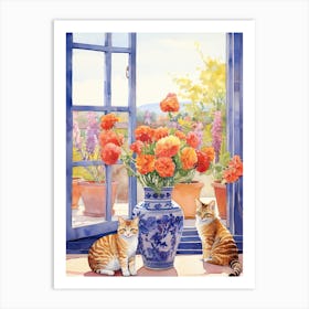 Cat With Snapdragon Flowers Watercolor Mothers Day Valentines 2 Art Print