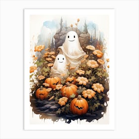 Cute Bedsheet Ghost, Botanical Halloween Watercolour 16 Art Print