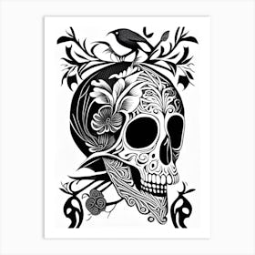 Skull With Bird Motifs Black And White 2 Line Drawing Art Print