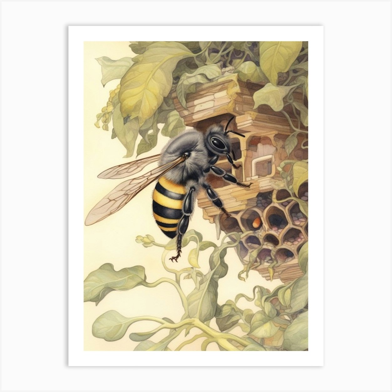 Digger Bee Beehive Watercolour Illustration 4 Art Print by Flora  Expressions - Fy