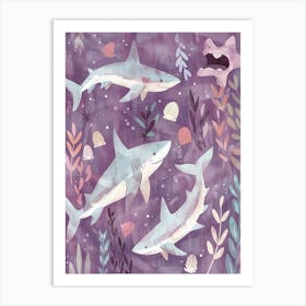 Purple Shark In The Waves Illustration 2 Art Print