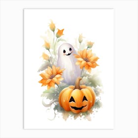 Cute Ghost With Pumpkins Halloween Watercolour 86 Art Print