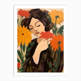 Woman With Autumnal Flowers Gaillardia Art Print