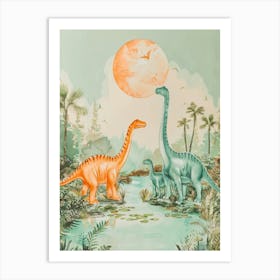 Dinosaur Family By The River Storybook Style Watercolour Painting Art Print