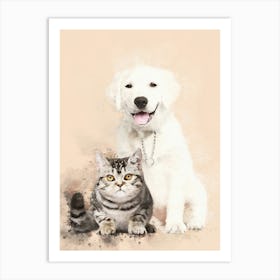 Golden Retriever Puppy And British Shorthair Cat Art Print