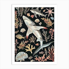 Squatina Genus Shark Seascape Black Background Illustration 1 Art Print