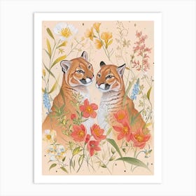 Folksy Floral Animal Drawing Mountain Lion Art Print