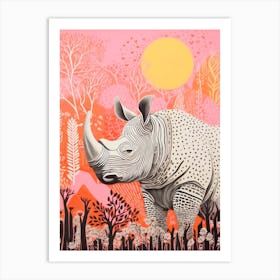 Rhino With Tree Patterns Pink Art Print