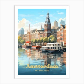Amsterdam Netherlands Sunset Canal Ride Travel Illustration 1 Art Print
