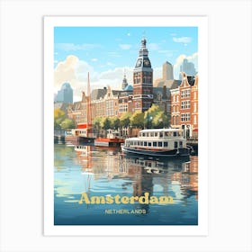 Amsterdam Netherlands Canal Ride Travel Illustration Art Print