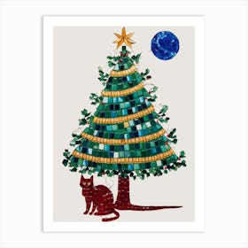 Christmas Tree With Cat Art Print