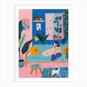 Girl In The Sofa With Pets Tv Lo Fi Kawaii Illustration 3 Art Print