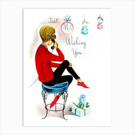 Young Woman In Christmas Mood Talking On A Phone Art Print