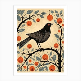 Vintage Bird Linocut Blackbird 3 Art Print