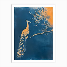Vintage Orange & Navy Blue Peacock On A Tree Branch 2 Art Print