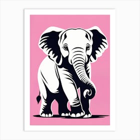 Playful Elephant Calf On Solid pink Background, modern animal art, baby elephant 1 Art Print