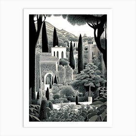 Gardens Of Alhambra, Spain Linocut Black And White Vintage Art Print