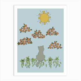 Cat Watching The Sun Flower Clouds Nature Art Print