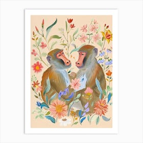 Folksy Floral Animal Drawing Baboon 4 Art Print