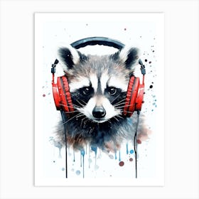 Raccoon With Red Headphones Art Print