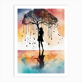 Silhouette Of A Woman Under A Tree Watercolor splash Art Print