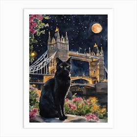 The Black Cat in London - Tower Bridge At Night on a Full Moon Iconic England Cityscapes Traditional Watercolor Art Print Kitty Travels Home and Room Wall Art Cool Decor Klimt and Matisse Inspired Modern Awesome Cool Unique Pagan Witchy Witches Familiar Gift For Cat Lady Animal Lovers World Travelling Genuine Works by British Watercolour Artist Lyra O'Brien Art Print
