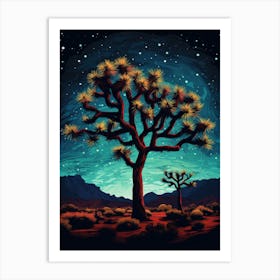 Joshua Tree With Starry Sky At Night In Retro Illustration Style (2) Art Print