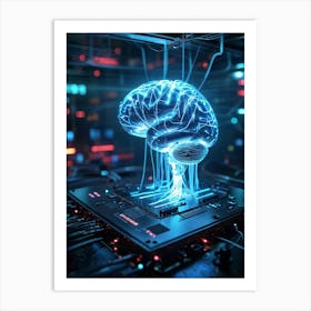 Cyber Brain Concept Embodying Ai And Innovation Neon Glowing Circuits Interlaced With Transparent H Art Print