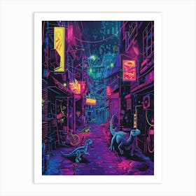 Cyberpunk Neon Dinosaur Street 2 Art Print