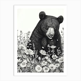 Malayan Sun Bear Cub In A Field Of Flowers Ink Illustration 1 Art Print