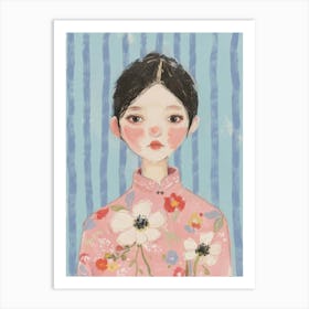 Portrait of a Asian Girl. Stripes and Flowers. Acrylic Painting Art Print