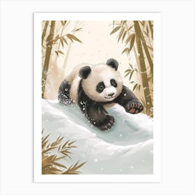 Giant Panda Cub Sliding Down A Snowy Hill Storybook Illustration 1 Art Print
