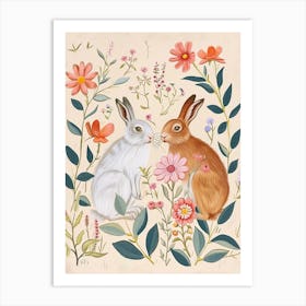 Folksy Floral Animal Drawing Rabbit 4 Art Print