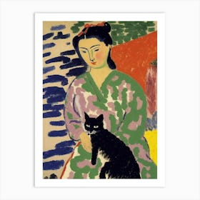 Matisse Style La Japonaise With A Black Cat Art Print